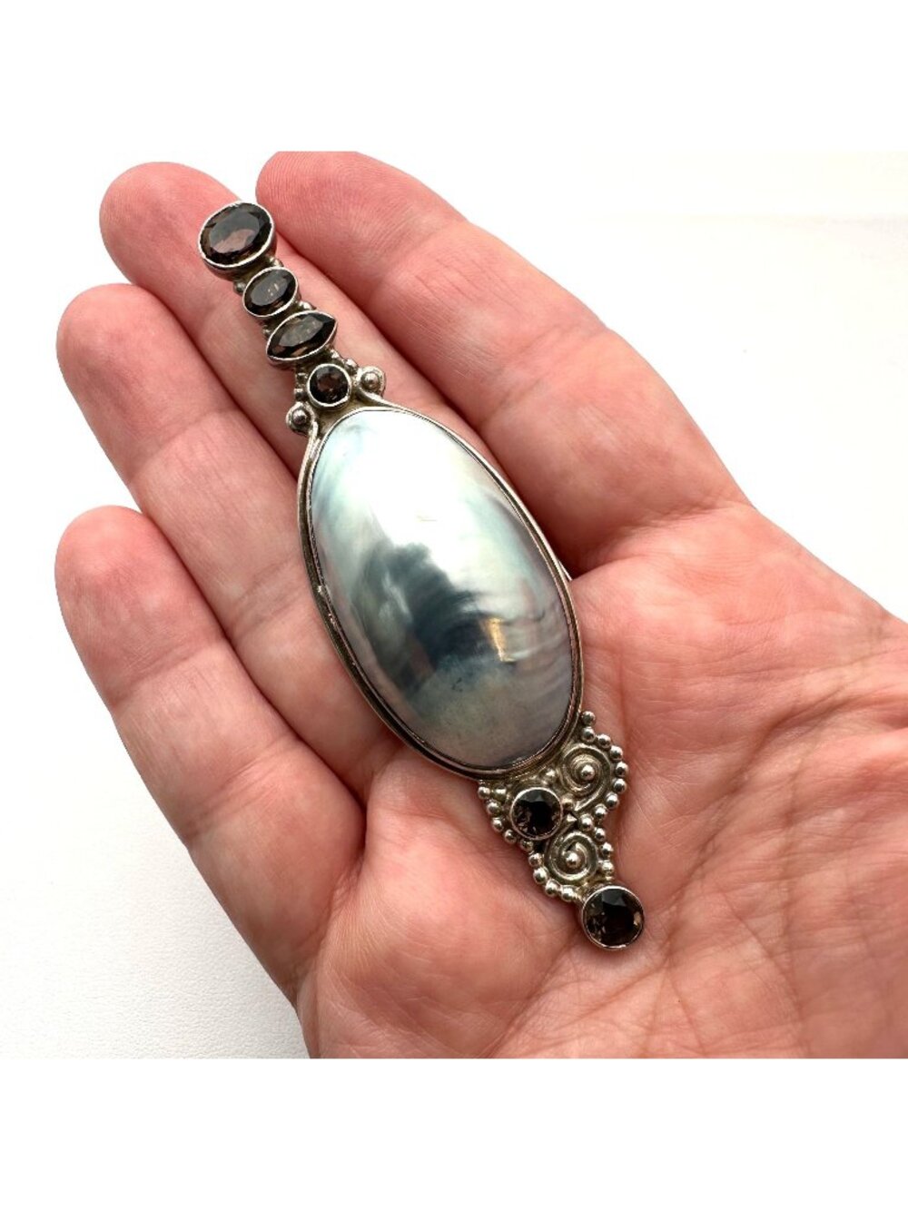 Mabe Pearl Multi Gemstone Sterling Silver Pendant 3.75 Inch